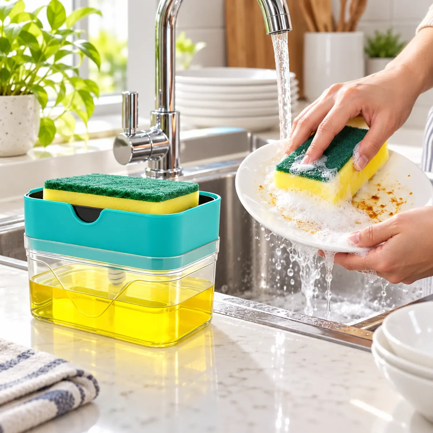 2 in 1 Liquid Soap Dispenser with Sponge Holder for Kitchen Sink