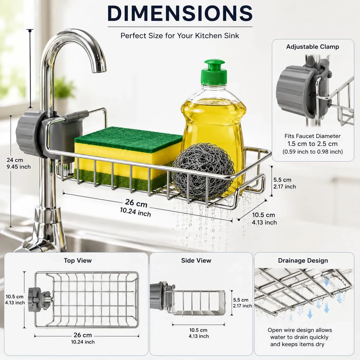 Kitchen Sink Organizer | Tap-Mount Stainless Steel Sponge Holder with Removable Drain Tray